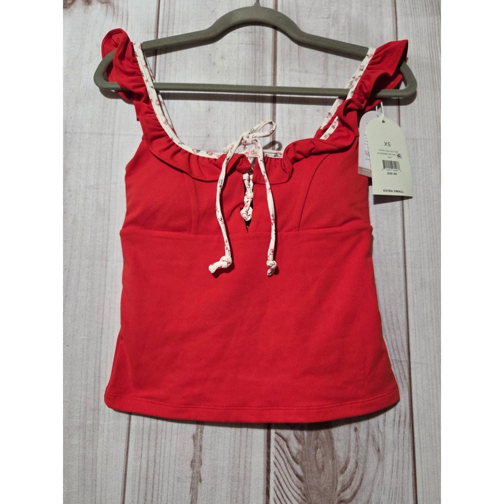 Blogilates Ruffle Lace Up Tank Red Floral Trim Activewear Top XS New
